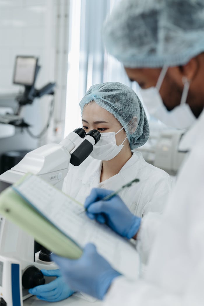 Two scientists in protective gear performing research with a microscope in a modern laboratory.